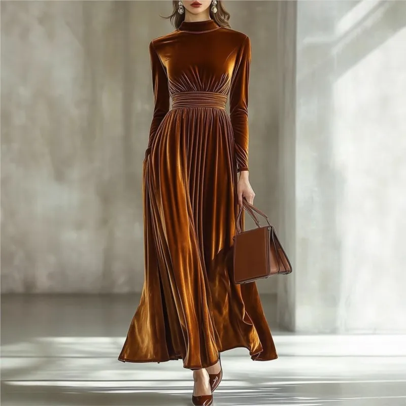 

Элегантное винтажное бархатное платье макси 2026, осень-зима, плиссированные однотонные женские вечерние платья с высокой талией и полувысоким воротником
