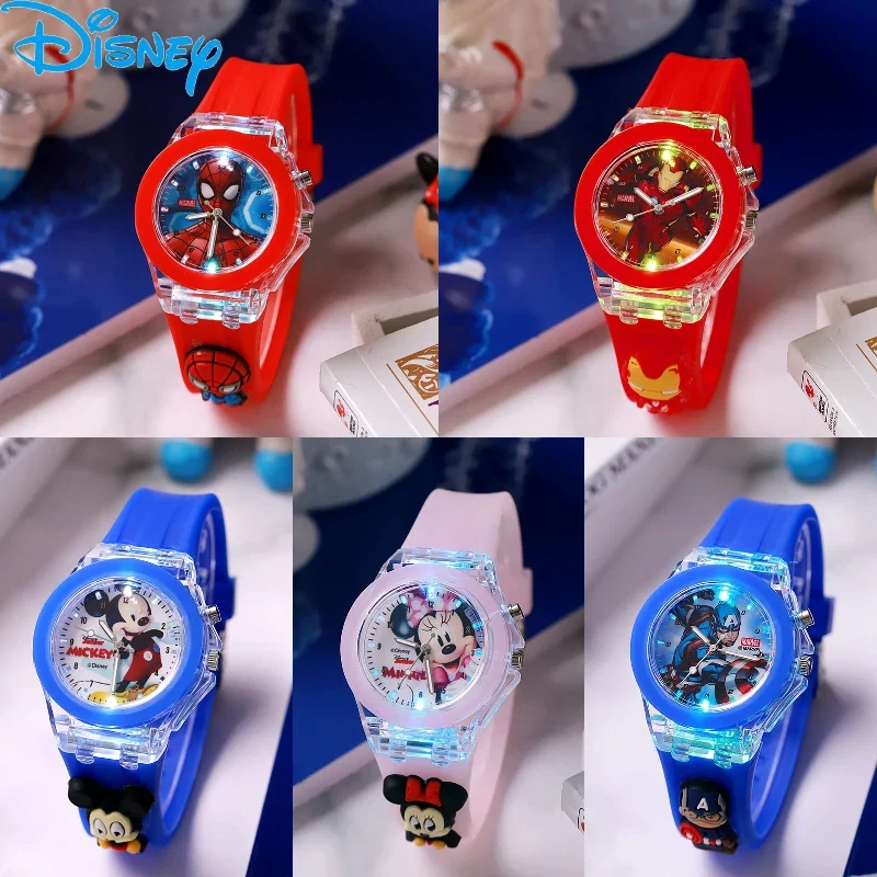 

Disney Mickey Minnie Marvel Spiderman Iron Man Anime Children Silicone Watch Luminous Boy Girl Cartoon Quartz Watch Toy Gifts