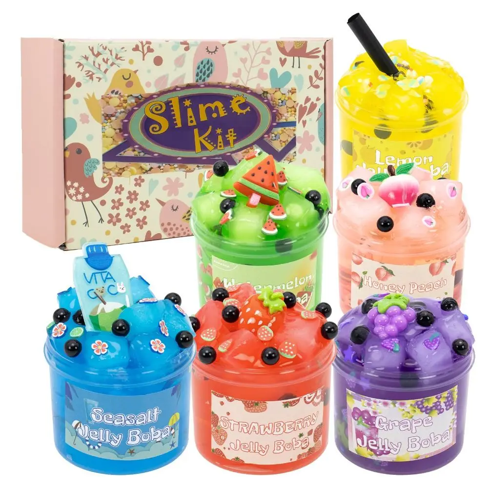 Kit de Slime Suave de 300ml/70ml, Slime No Pegajoso con Cubos de Gelatina Crujiente de Frutas, Slime Transparente con Purpurina para Aliviar el Estrés, Regalos para Fiestas