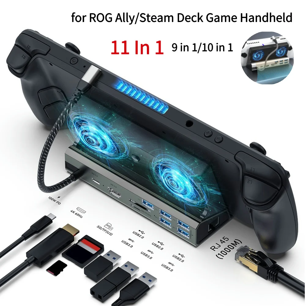 11/10/9 in1 Steam Deck Docking Station HDMI-Compatible USB3.0 2.0 PD Gigabit Ethernet Dock Stand for ROG Ally Game Tablet Laptop