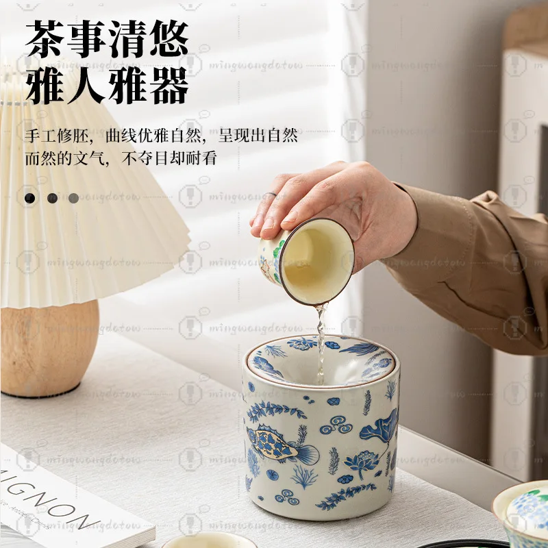 Celadon Ru Kiln Ashtray with Lid, Twisted Lotus Pattern, Ceramic Tea Waste Bowl for Tea Set Accessories