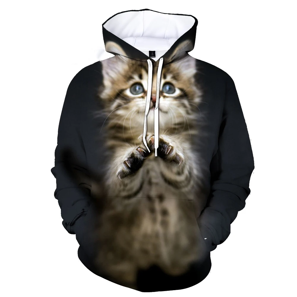 Hoodie kucing lucu pria wanita, pakaian pullover wanita cetak 3D lengan panjang bertudung ukuran besar