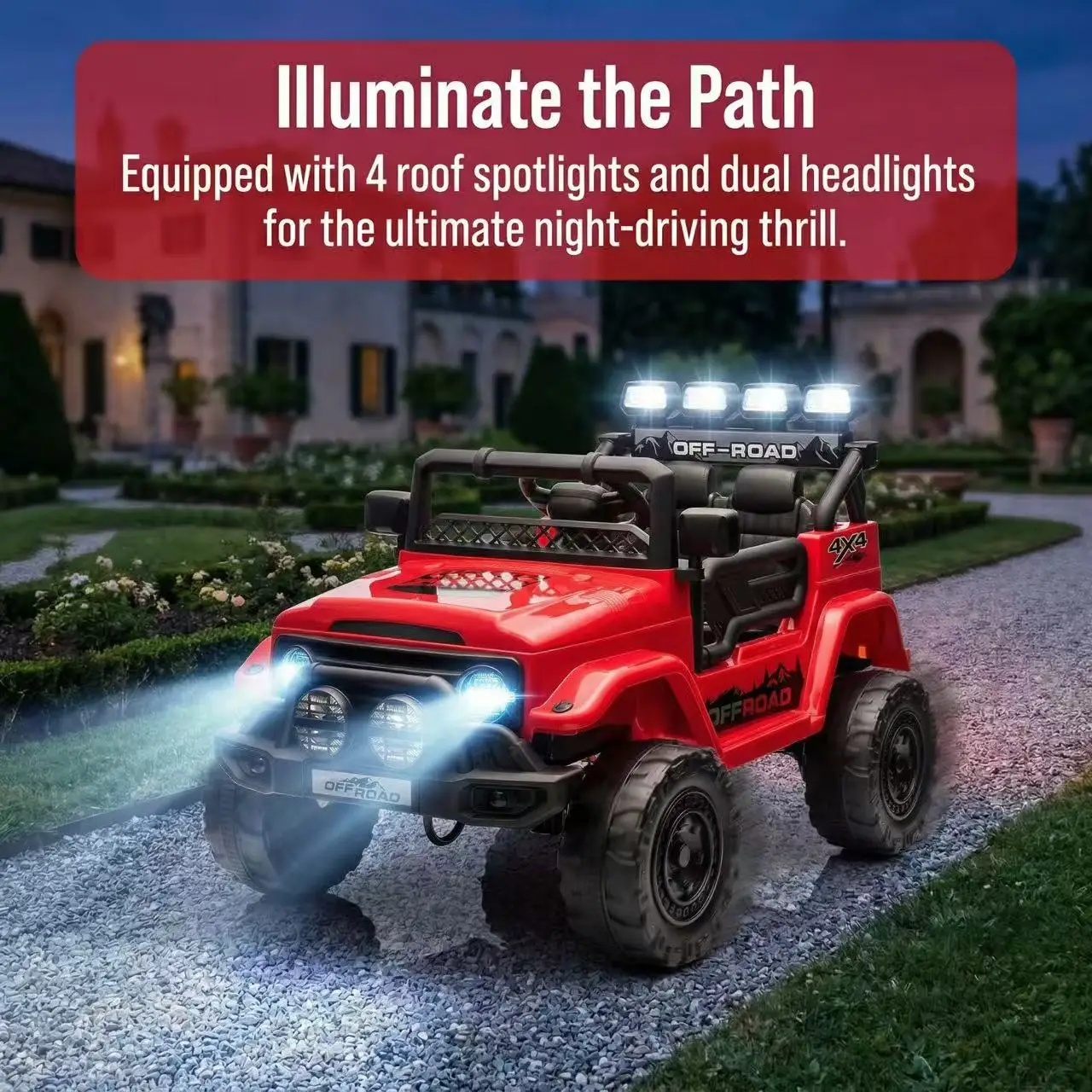 HAUSPROFI 12V Offroad-Elektroauto-Spielzeug für Kinder ab 3 Jahren, mit LED-Lichtern, Fernbedienung, Sicherheitsgurt, Bluetooth, 3 Geschwindigkeiten, Federung