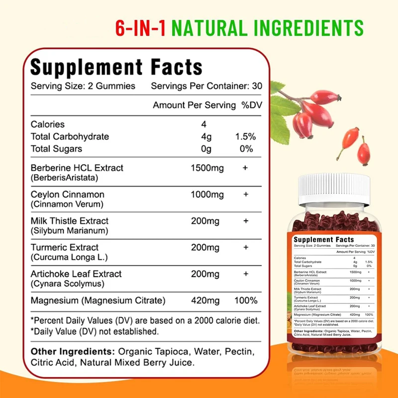 Berberine gummies are sugar free, while Orange Berberine HCL 1500mg contains Ceylon cinnamon and magnesium citrate