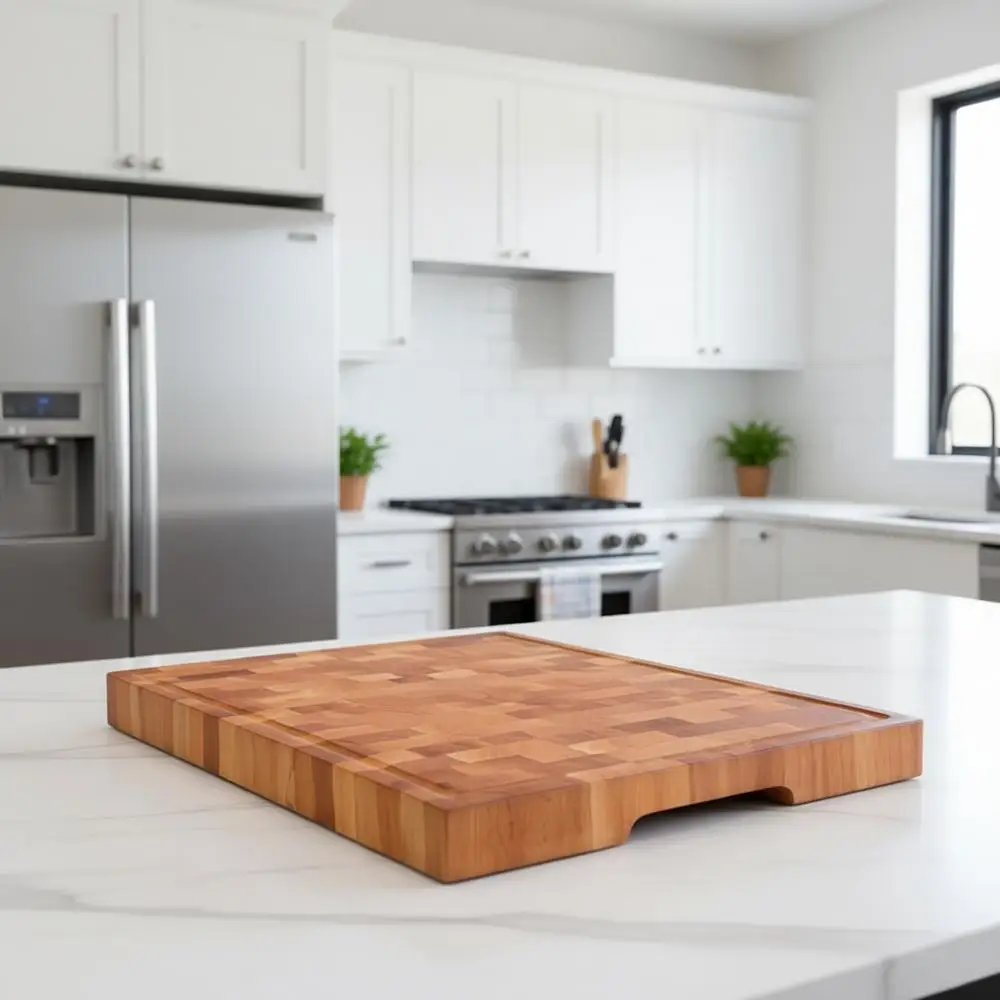

Handcrafted End-Grain Wood Cutting Board: 16.5x12.6x1.6, Silky Smooth, Juice Grooves, Ergonomic Grip, Non-Slip Base