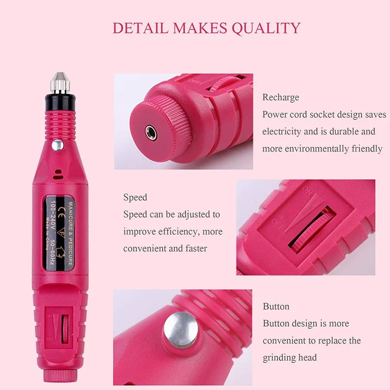 Electric Nail Drill Machine Set,Professional Manicure & Pedicure Kit With 6 Drill Bits, USB Rechargeable & Adjustable Speed