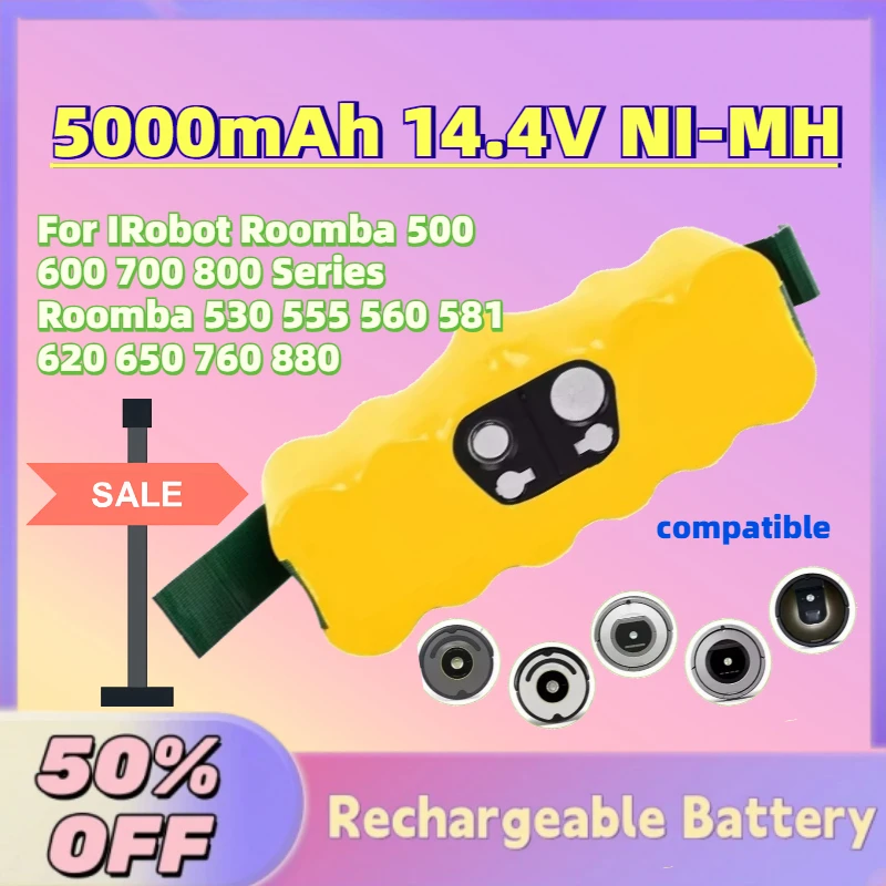 

Upgrade 5000mAh 14.4V NI-MH Replacement Battery for IRobot Roomba 500 600 700 800 Series Roomba 530 555 560 581 620 650 760 880