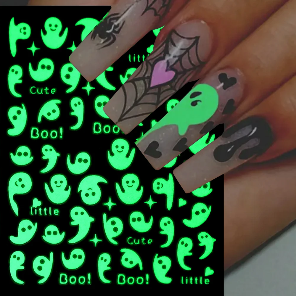1 pçs 3d luminoso fantasma halloween adesivos de unhas bonito crânio aranha brilho no escuro decalques de unhas adesivo halloween decoração da arte do prego