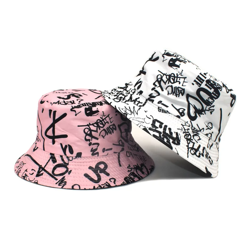 Bocca Letter Graffiti Bucket Hat Double Sides Reversible Panama Fisherman Hats Men Women Outdoor Sun Cap Fashion 2023 New Style