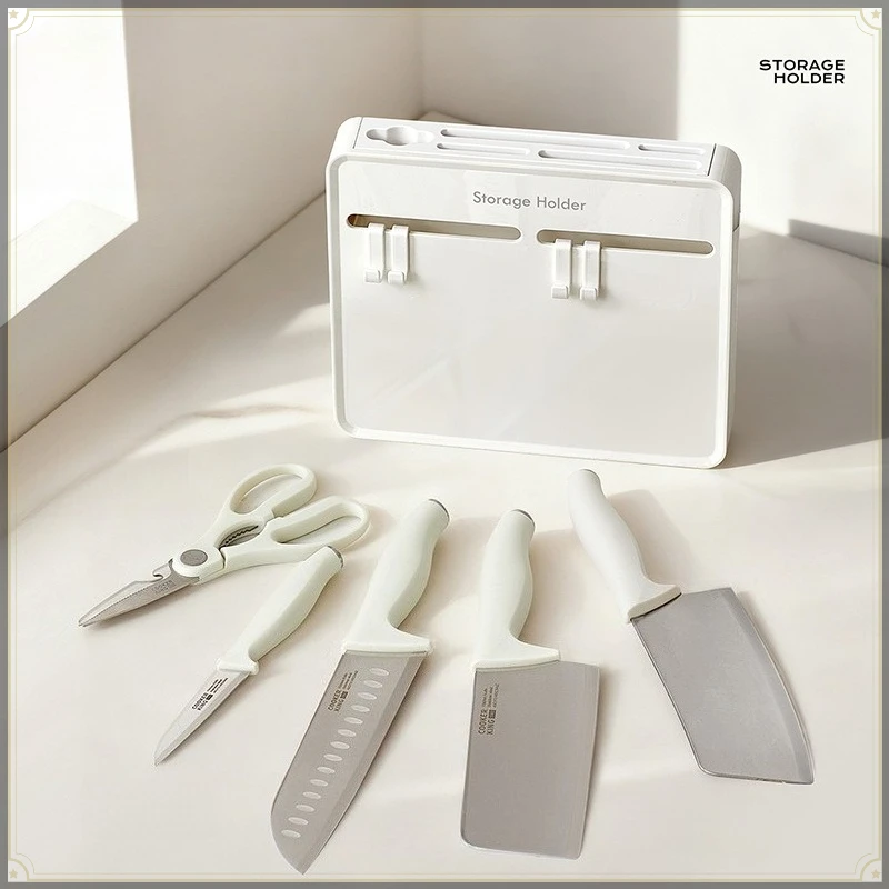 Wall Mount Kitchen Knife Holder ABS&PET Plastic Punch Free with 4 Hooks Strong Load Bearing Multifunctional Kitchen Utensil Rack