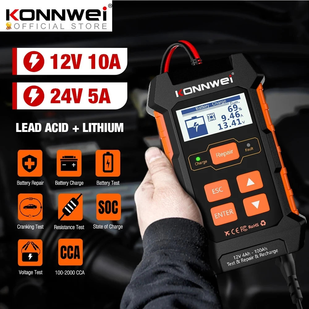 Professional Car Truck Battery Tester KONNWEI KW520 for 12V 24V 10A 5A Lead Battery Pulse Repair Tool AGM Gel Lithium Tester