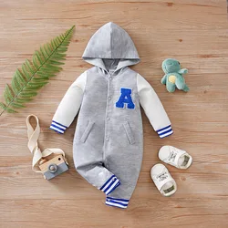 Newborn Baby Baseball Clothes grey 0-12 Months Boston hooded Long Sleeve Footies Toddler boys Clothes Kids Jumpsuit Pyjama