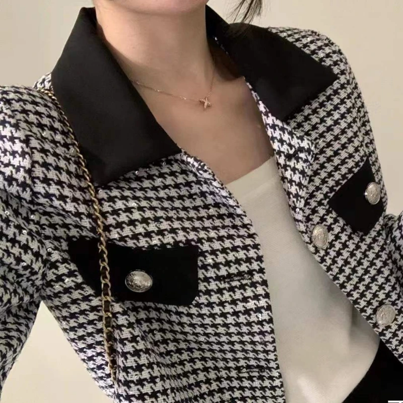 Spring Autumn New Fashion Turn-down Collar Long Sleeve Houndstooth Jackets Women's Clothing Button Korean Sweet Trend Chic Tops