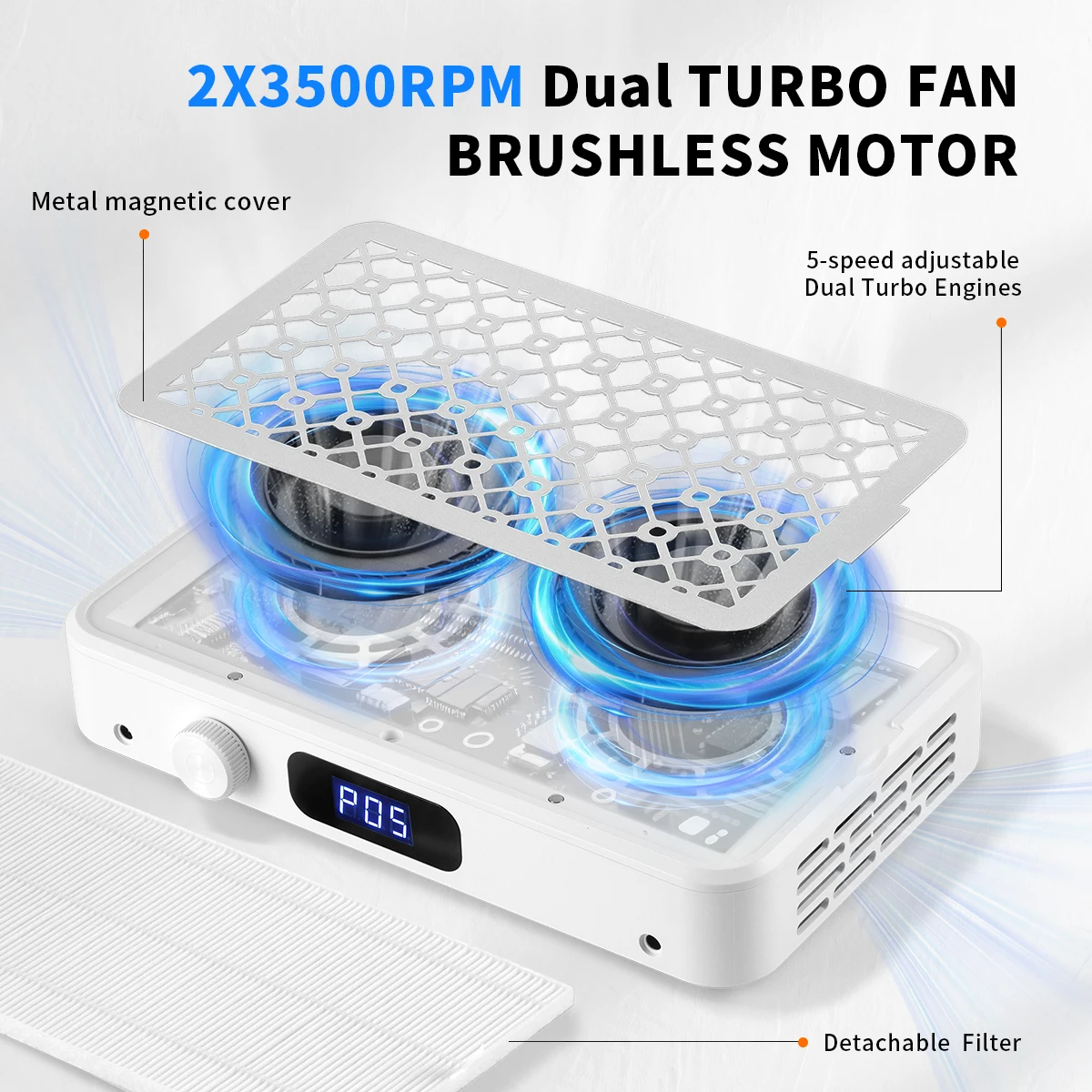 전문 네일 먼지 수집기, 강력한 터보 팬 2개 장착, 1600PA 휴대용 5단계 속도 조절 네일 진공기