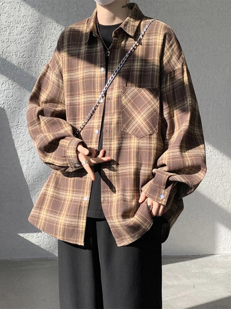 

Мужская рубашка в американском ретро-стиле в клетку, повседневная верхняя одежда для весны и осени, новинка, молодежная, свободного кроя, с длинным рукавом