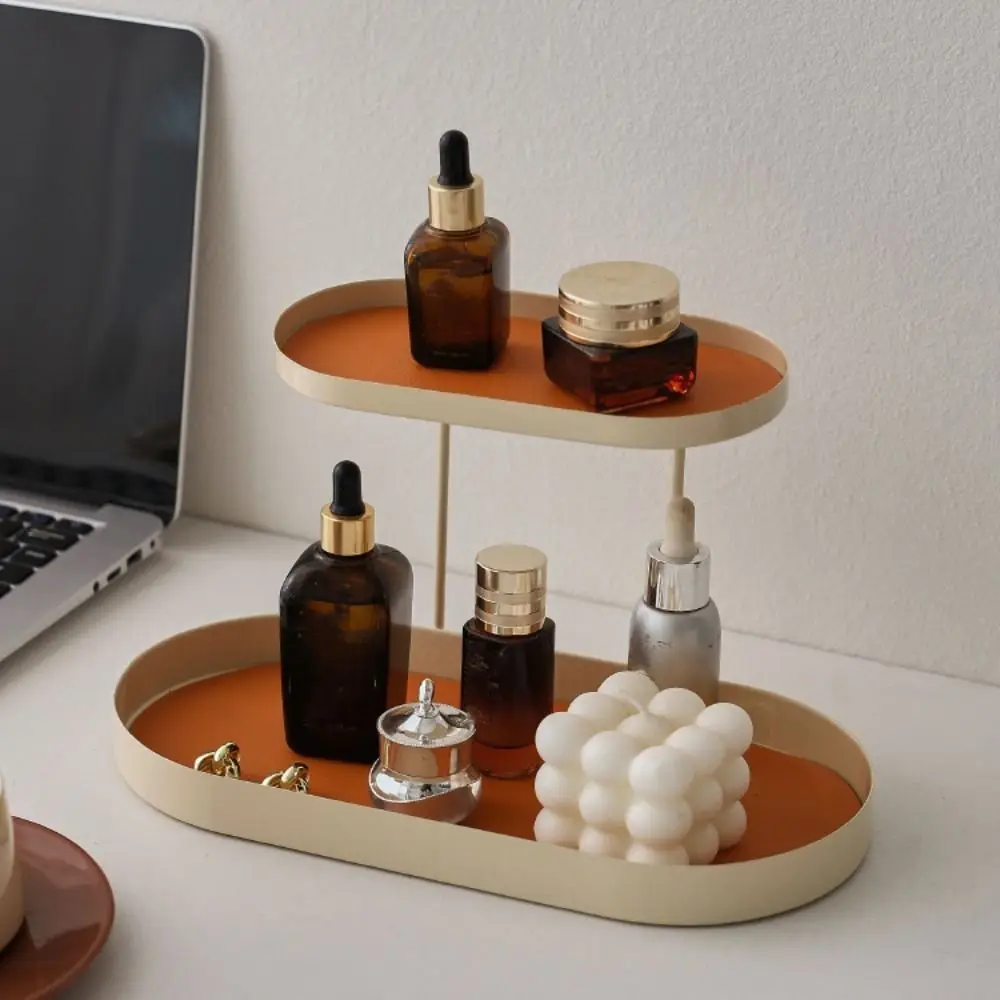 

Iron Cosmetics Storage Rack Creative with Leather Cushion Desktop Tray Simple Double-layer Jewelry Display Plate Candy