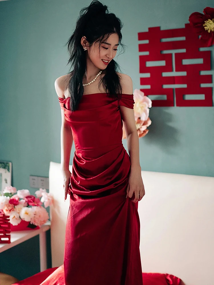 

off-Shoulder Satin Toast Dress Bride Wine Red Wedding Evening French Style Temperament Ladies Banquet Trailing