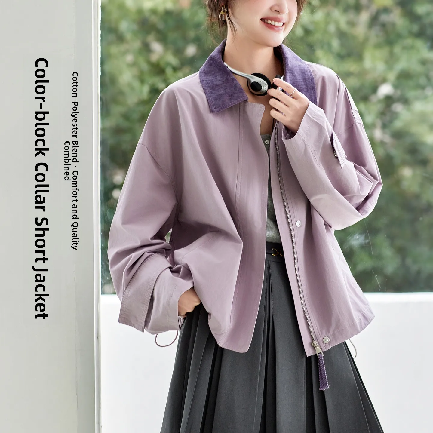 

Cotton on Stand Collar Patchwork High-End Jaet Women's ort Length Zipper Closure Faionable Spring Outerwear
