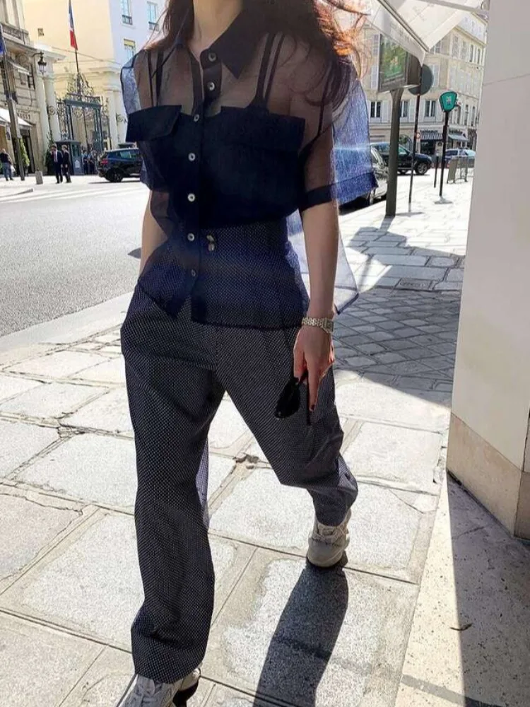 Elegancka, seksowna, luźna bluzka z bufiastymi rękawami, cienka, prześwitująca, zapinana na jeden guzik, z kołnierzykiem typu flip, codzienna bluzka damska.