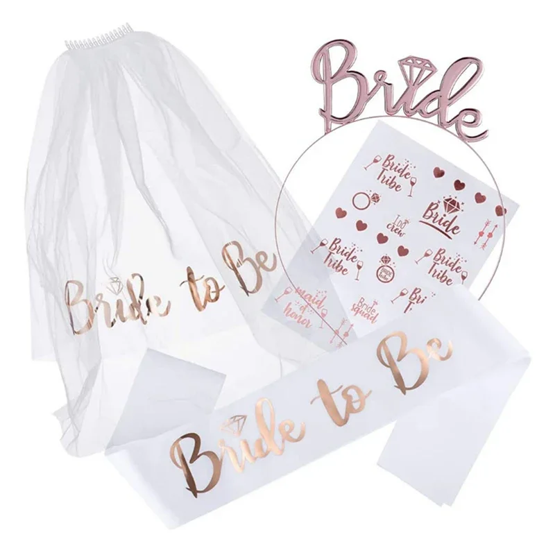 1 Set Bride To Be Veil Satin Sash Hiarband Tattoo Stickers for Bridal Shower Wedding Decorations Hen Bachelorette Party Favor