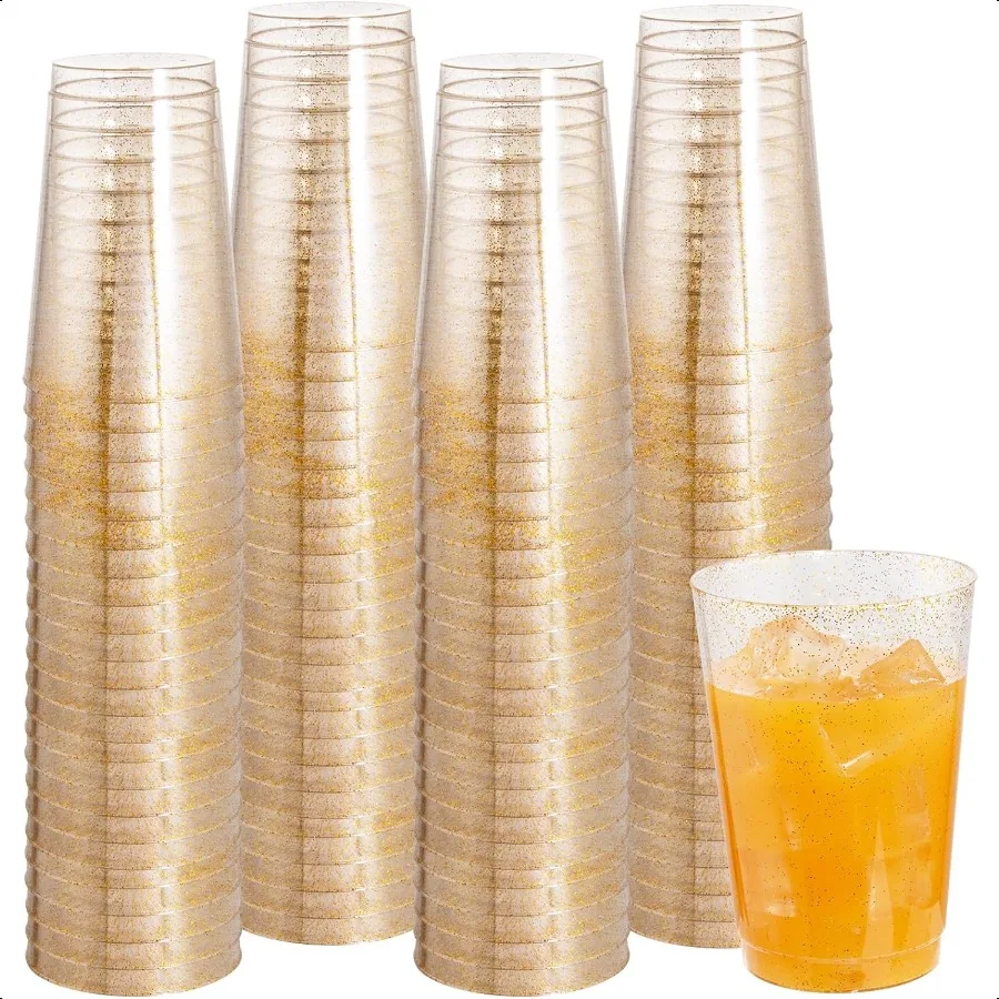 

100 Pack 12 oz Gold Glitter Cups Clear Tumblers Heavy Duty Cups Cocktail Glasses Gold Plastic Wine Glasses for Party