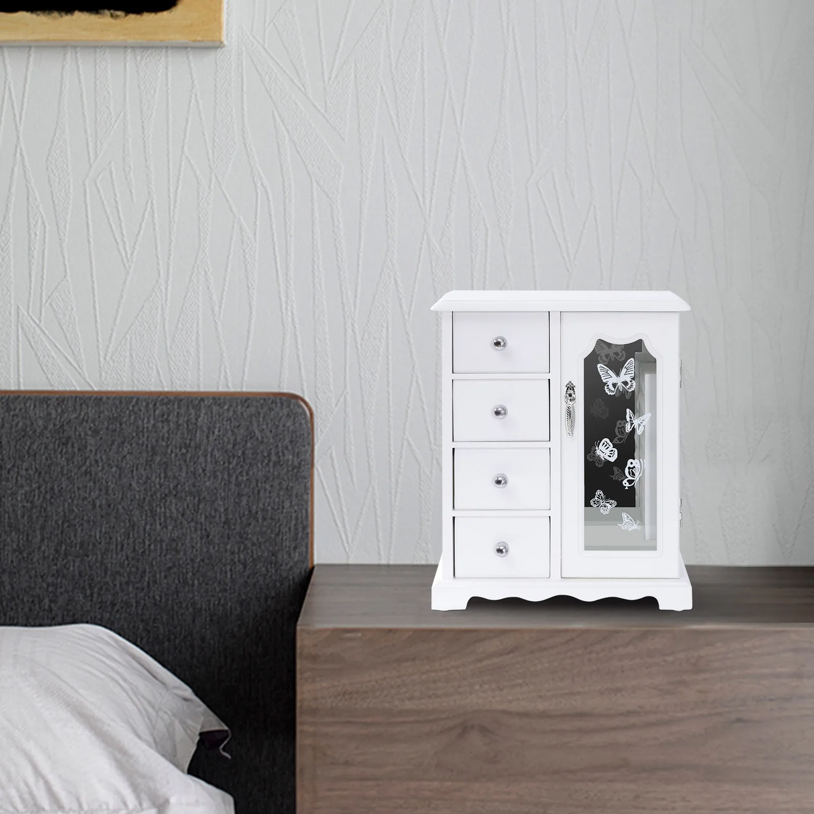 

White Jewelry Storage Box W/ 4 Drawers, 360 Degree Rotating Hooks & Built-in Mirror, Double Door Storage Cabinet for Necklaces