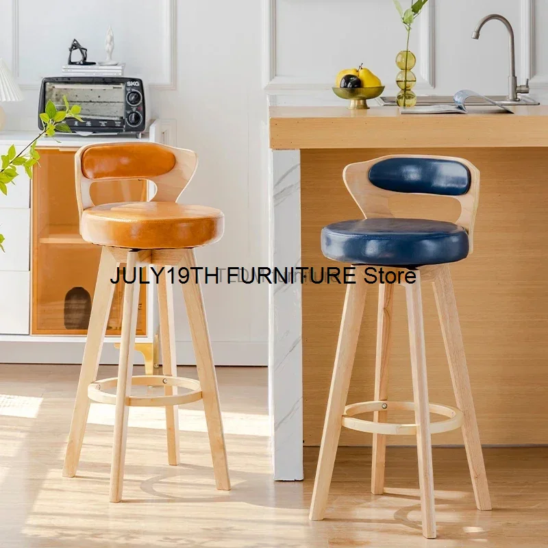 

European Solid Wood Bar Chairs Retro Kitchen Furniture Creative Rotating Back High Bar Chair Luxury Home Cafe Front Desk stool