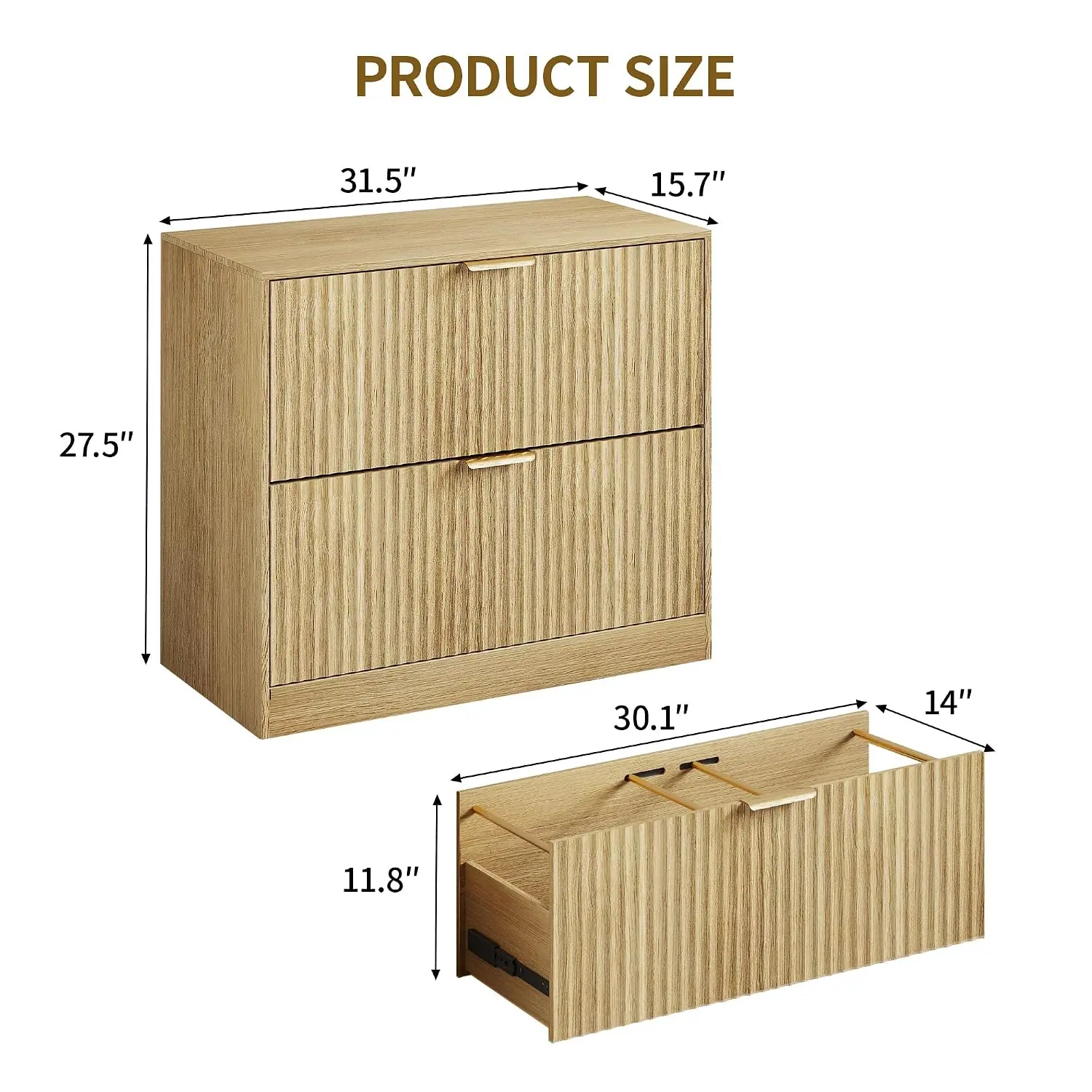 Wood File Cabinet 2 Drawer Fluted Printer Stand Adjustable Rails Legal Letter A4, Customized