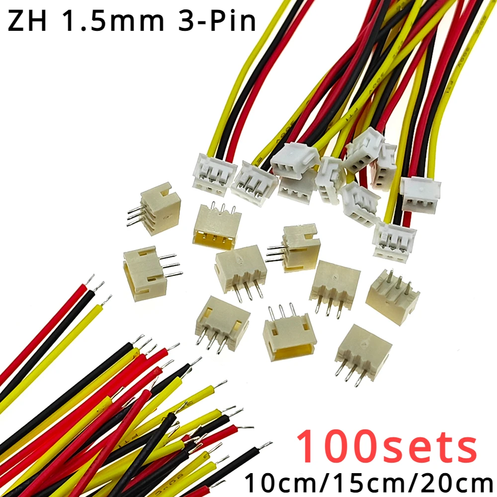 100sets ZH 1.5mm 3-Pin JST Connector Plug with Wire 10cm/15cm/20cm