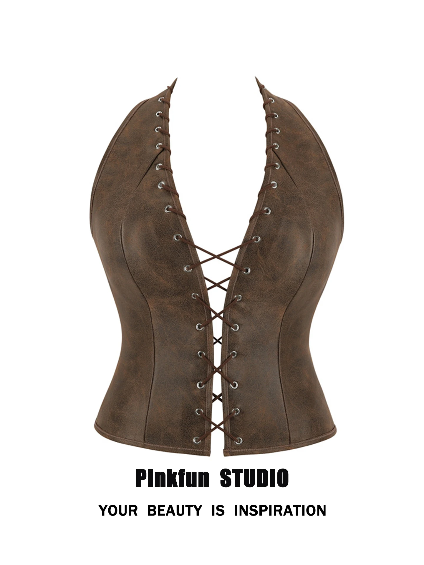 Top corto gótico de ante marrón con correa colgante Ne, chaleco de fibra con encuadernación, corte entallado, ort irt Pinkfun Vintage Sle para mujer...