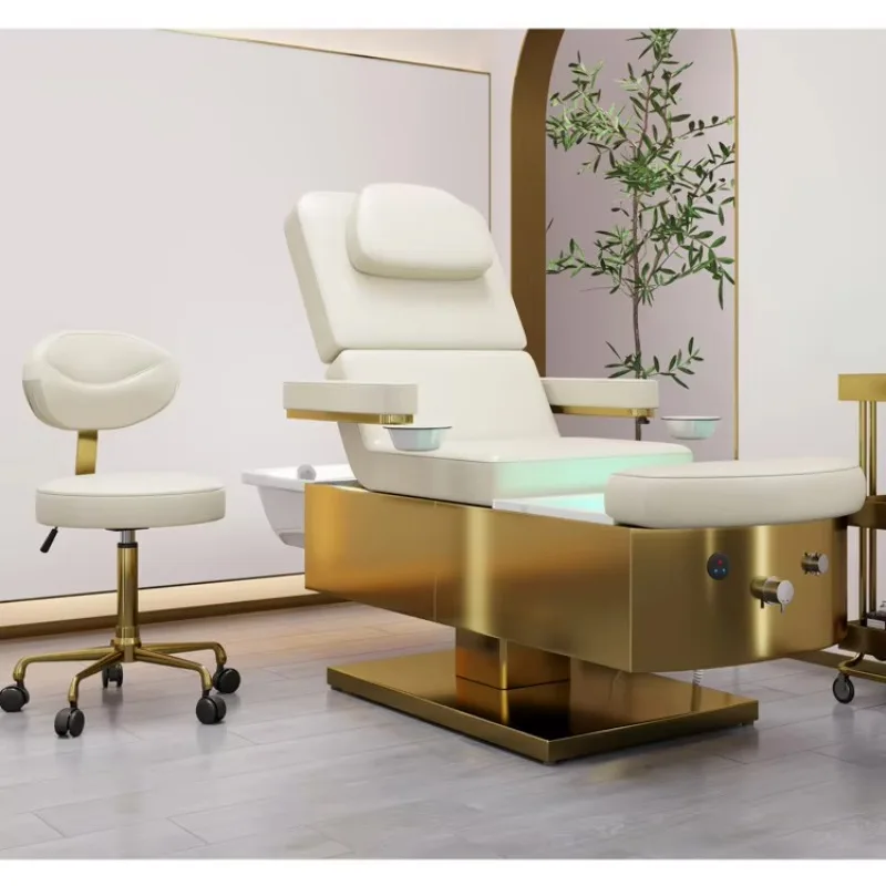 Estação de lavagem de cabelo spa, cama de shampoo de massagem com tigela de shampoo de salão de grandes dimensões e vapor de circulação de água