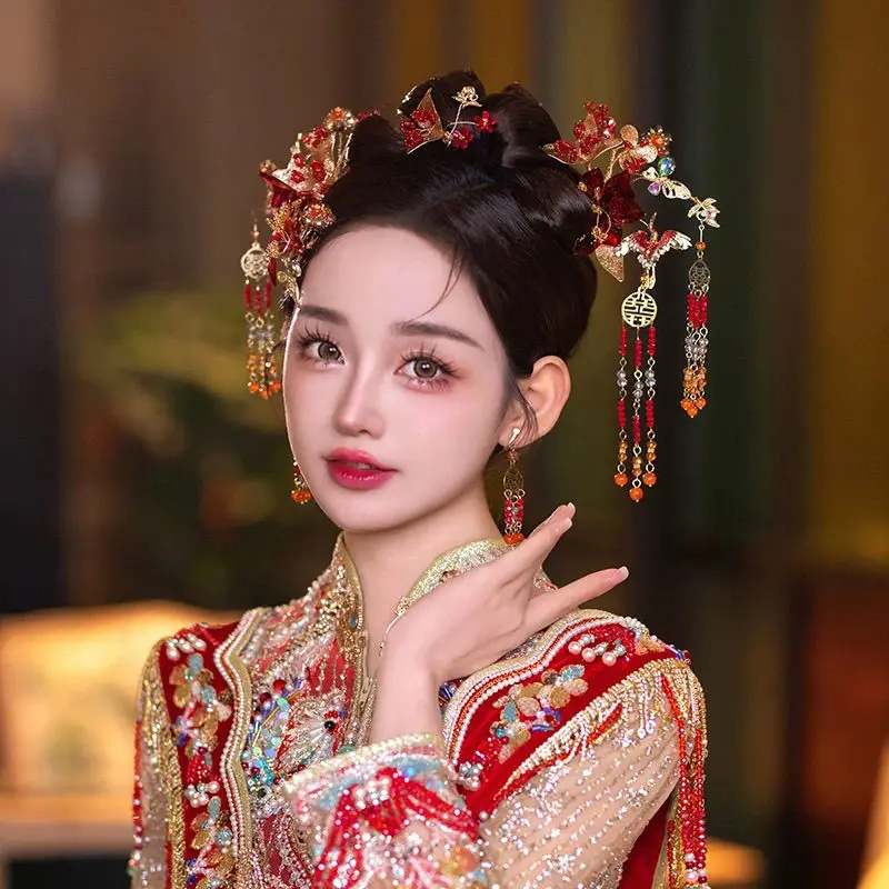 New Chinese Xiuhe Headdress Red New Style Cheongsam Simple Tassel Hairpin Xiuhe Clothing Wedding Dress Accessories