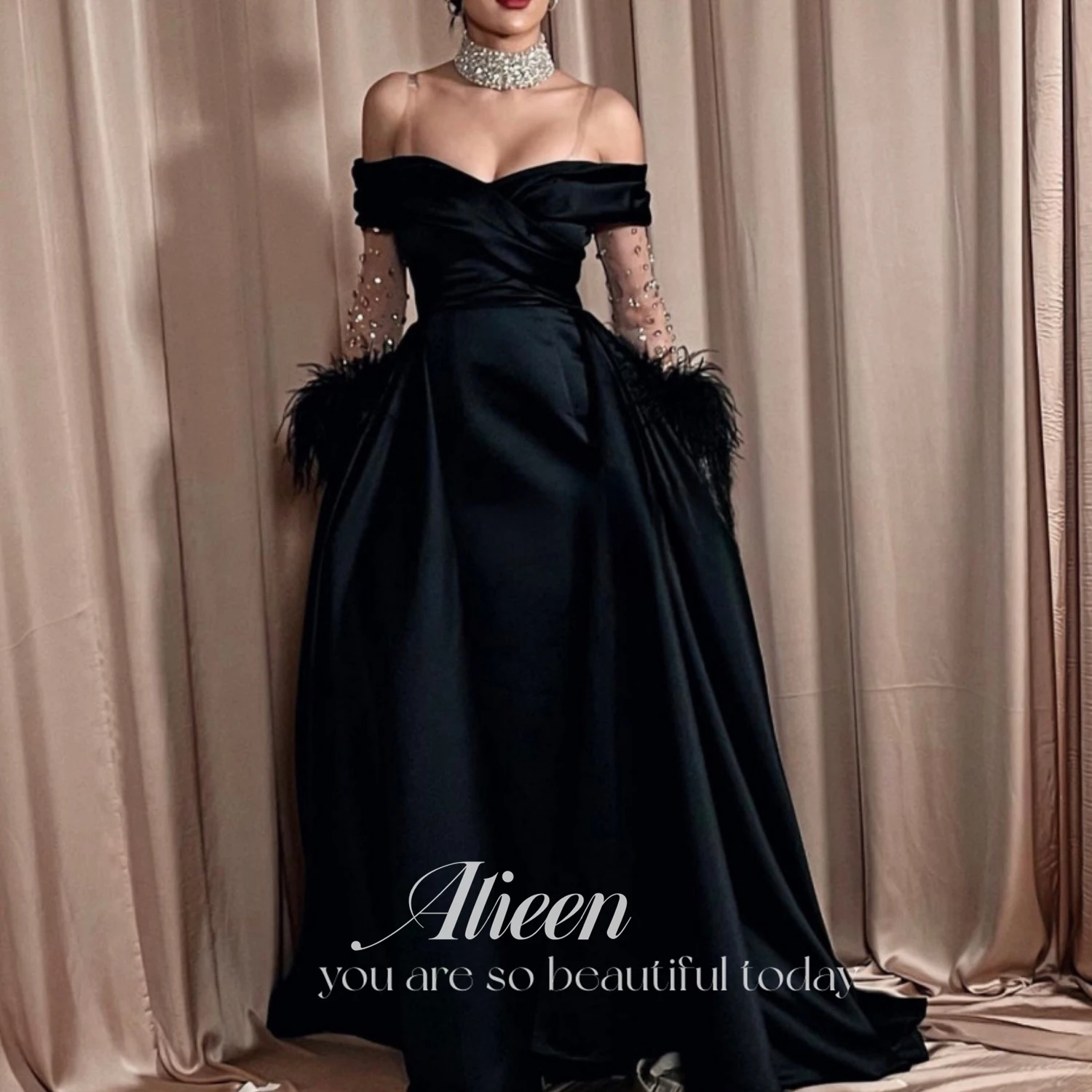 

Aileen Black Paste Drill Satin Feather Graduation Dresses for Formal Occasions Elegant Guest Wedding Dress Luxury Women Evening