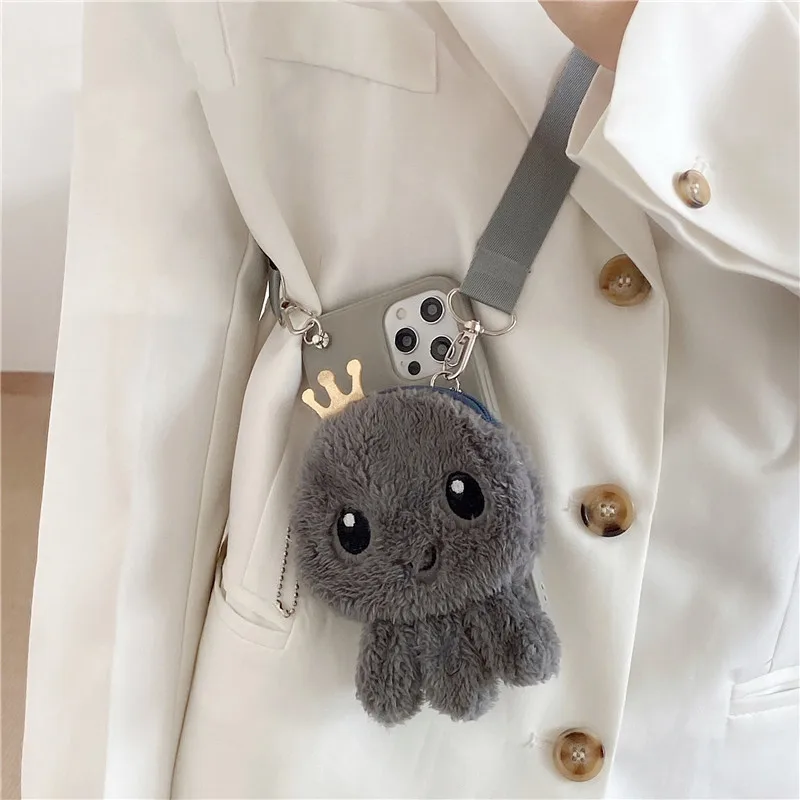 Necklace Strap Plush Octopus Phone Case For iPhone 15 14 12 13 mini 11 Pro Max X XR XS 6S 7 8 Plus Wallet Bags Furry Fur cover