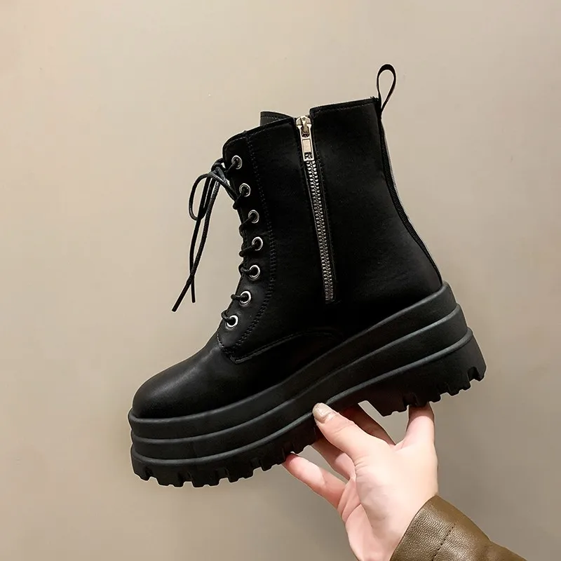 Fall/Winter New Side Zip Platform Single Boots Women's Fashion Round Toe Front Lace-Up Non-Slip Shorthole Boots