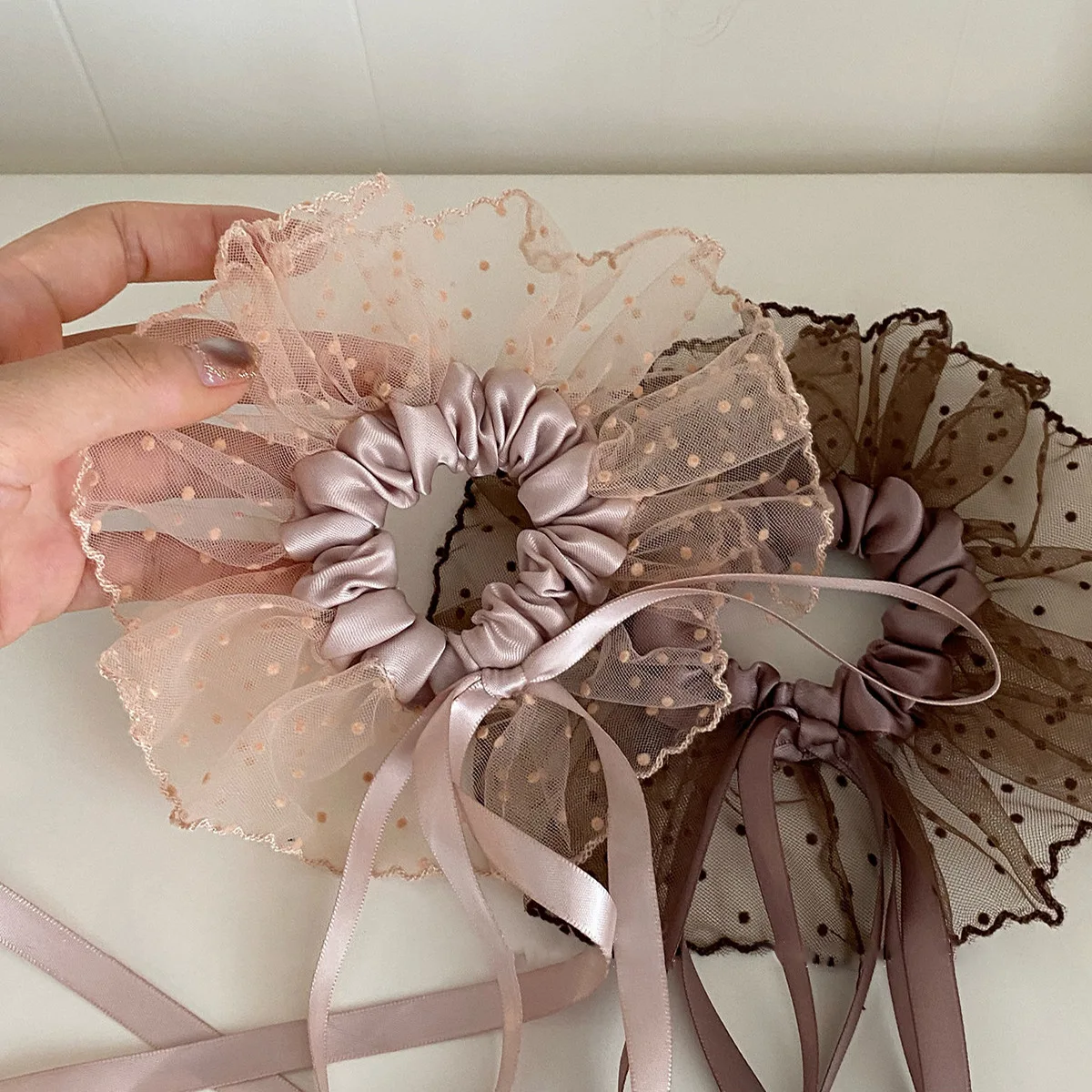 

Dreamy ballet mesh polka dot satin bow ribbon large intestine headband women's hair accessories beautiful headdress floral hair rope headdress