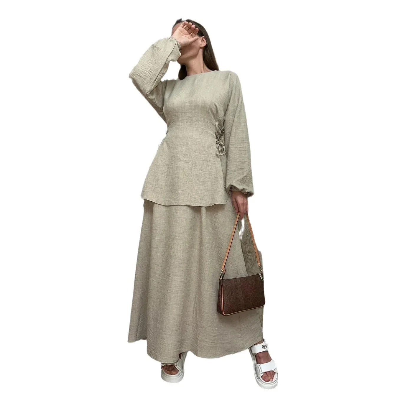 Middle East Arab Womens Muslim Sets Autumn New Fashion Lace-up Long-sleeved Shirt Skirt Casual Suit for Women