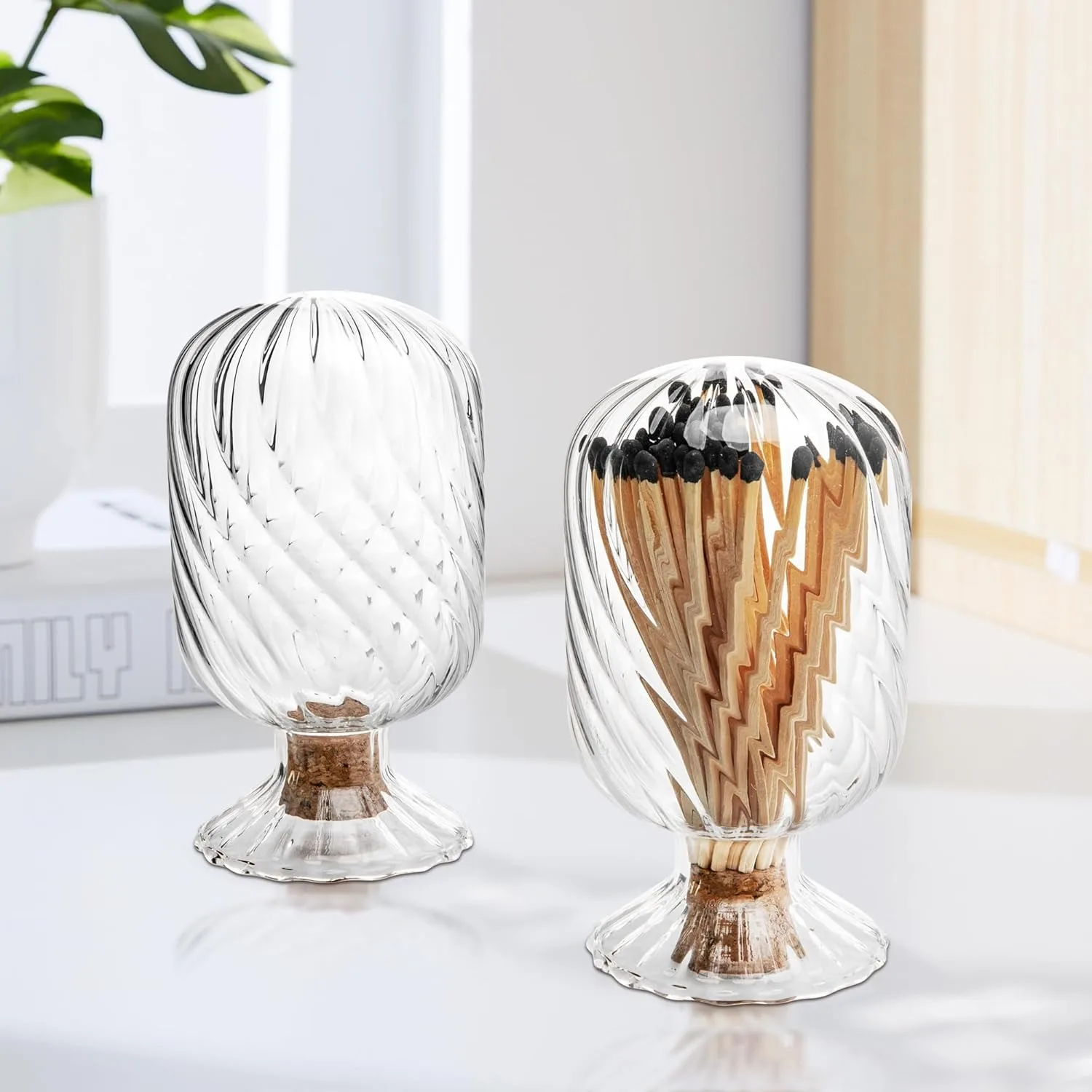 

An inverted glass lantern jar for matches or cigarettes (matches not included), for fireplace or bathroom decoration.