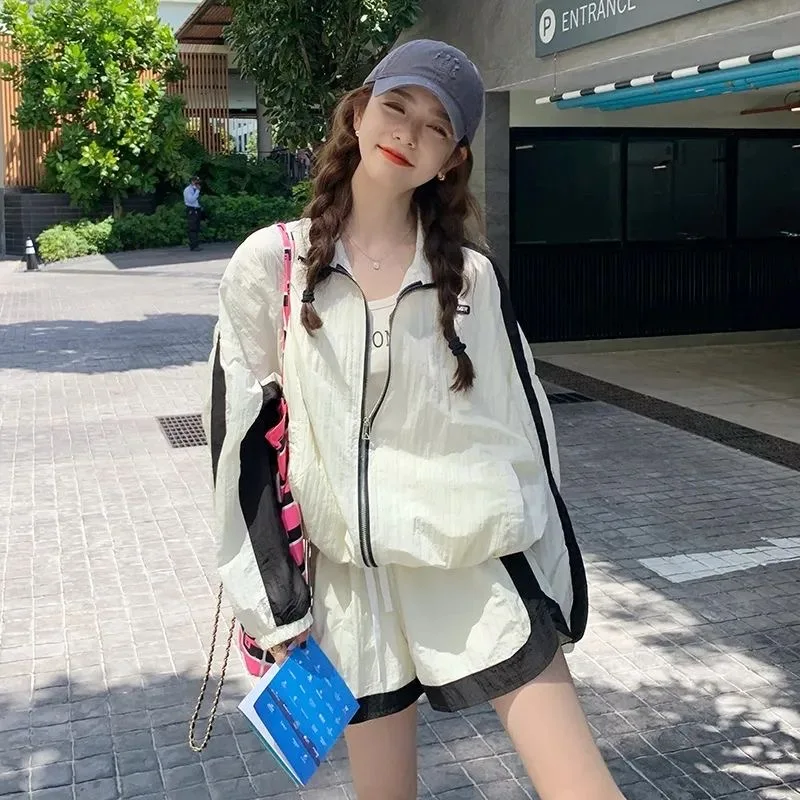 

Two-Piece Set for Women Stand Collar Zipper Color Match Sunscreen Coat Drawstring Wide Leg Shorts Casual Sportswear Suit Summer