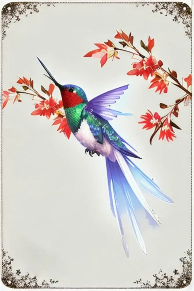 Finamille Hummingbird Metal Sign for Bathroom, Rustic Hummingbird Pictures Wall Decor, Farmhouse Country Bird Painting Prin sign