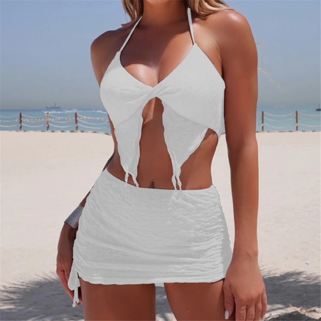Mit Rock, Neckholder-Bikini, Damen-Badeanzug, dreiteiliges Bikini-Set, Damen-Badebekleidung, brasilianischer Badeanzug mit Polsterung, Badeanzug, Schwimmbekleidung V7071 – Detail 7