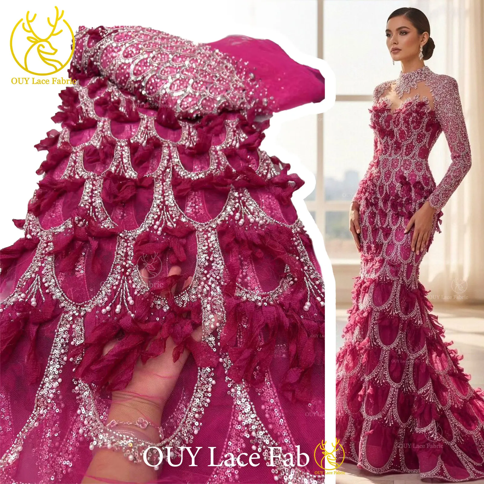 

3D High-end Bridal French Wedding Dress Beaded Lace Fabric 2026 High Quality African Sequin Lace Fabric Nigeria Evening Gowns