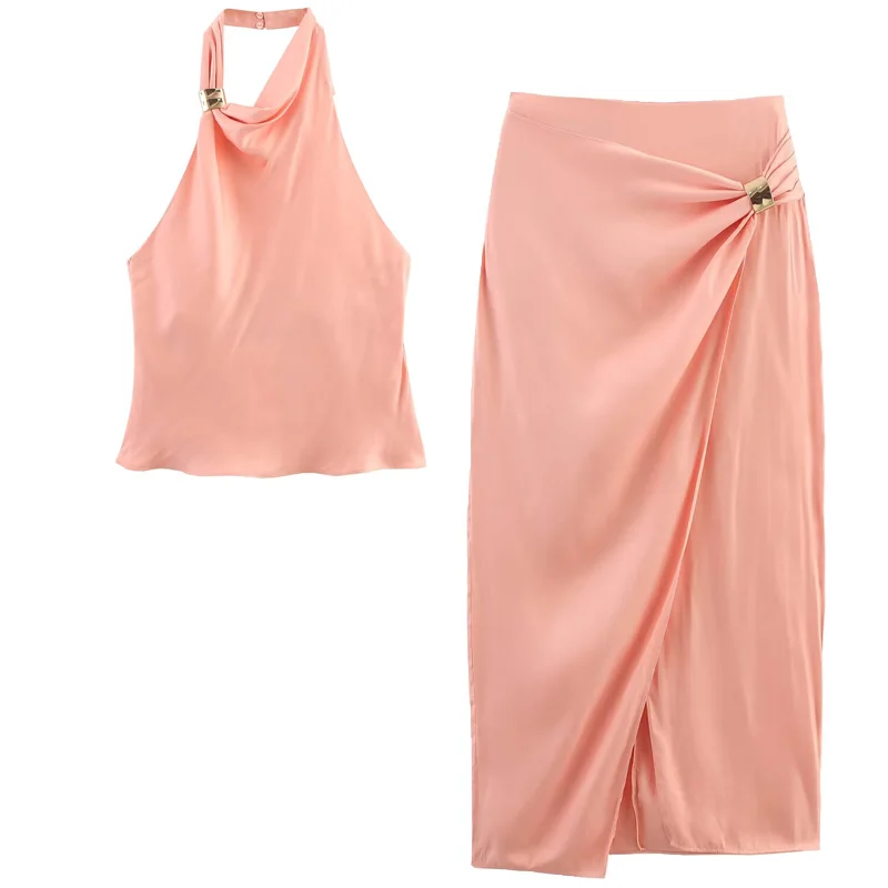 Hxao conjunto de saia de cetim elegante conjuntos femininos sem costas halter topo mulher 2 peça conjunto roupa moda midi cintura alta envoltório saia ternos