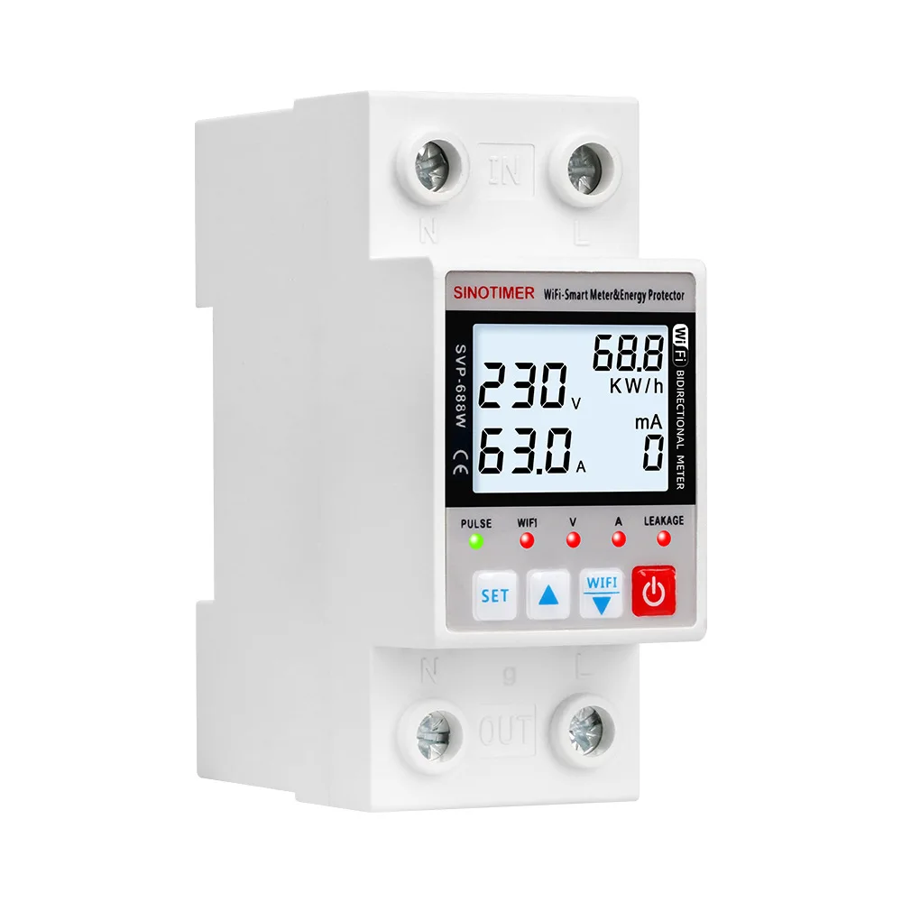

SVP-688W-B Tuya 63A WiFi Умное реле защиты от утечки тока и перенапряжения с функцией измерения энергии (kWh), таймером и дистанционным управлением