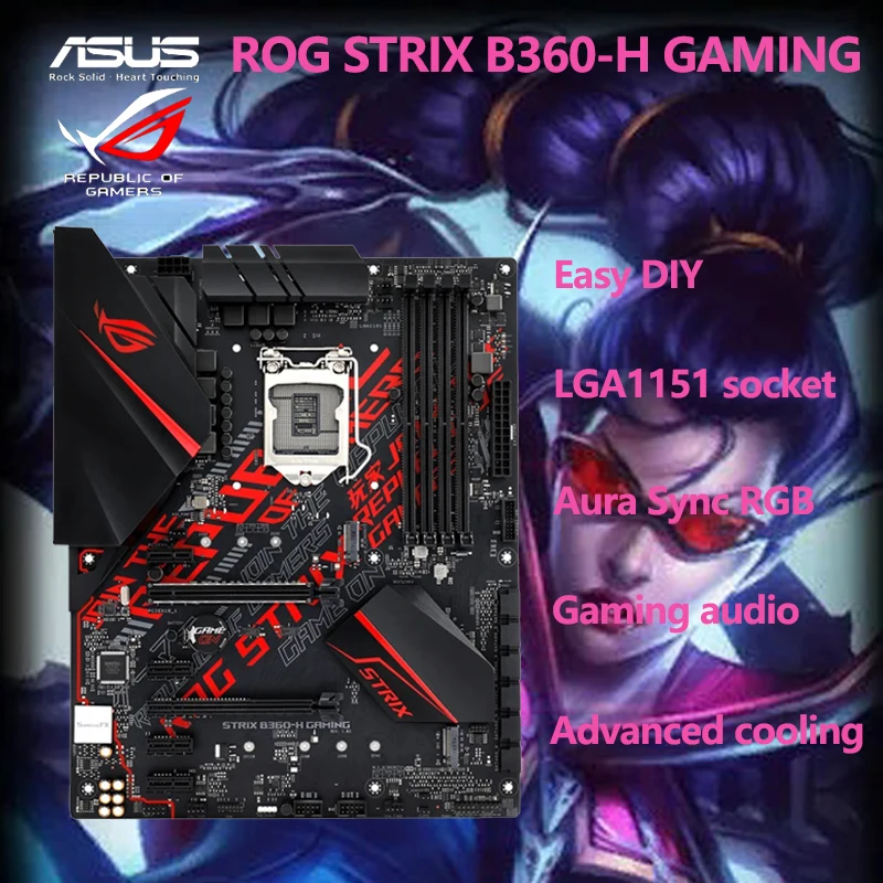 Asus rog strix B360-H placa-mãe de jogos com sincronização aura rgb led crença luz usado ddr4 atx gaming placa-mãe