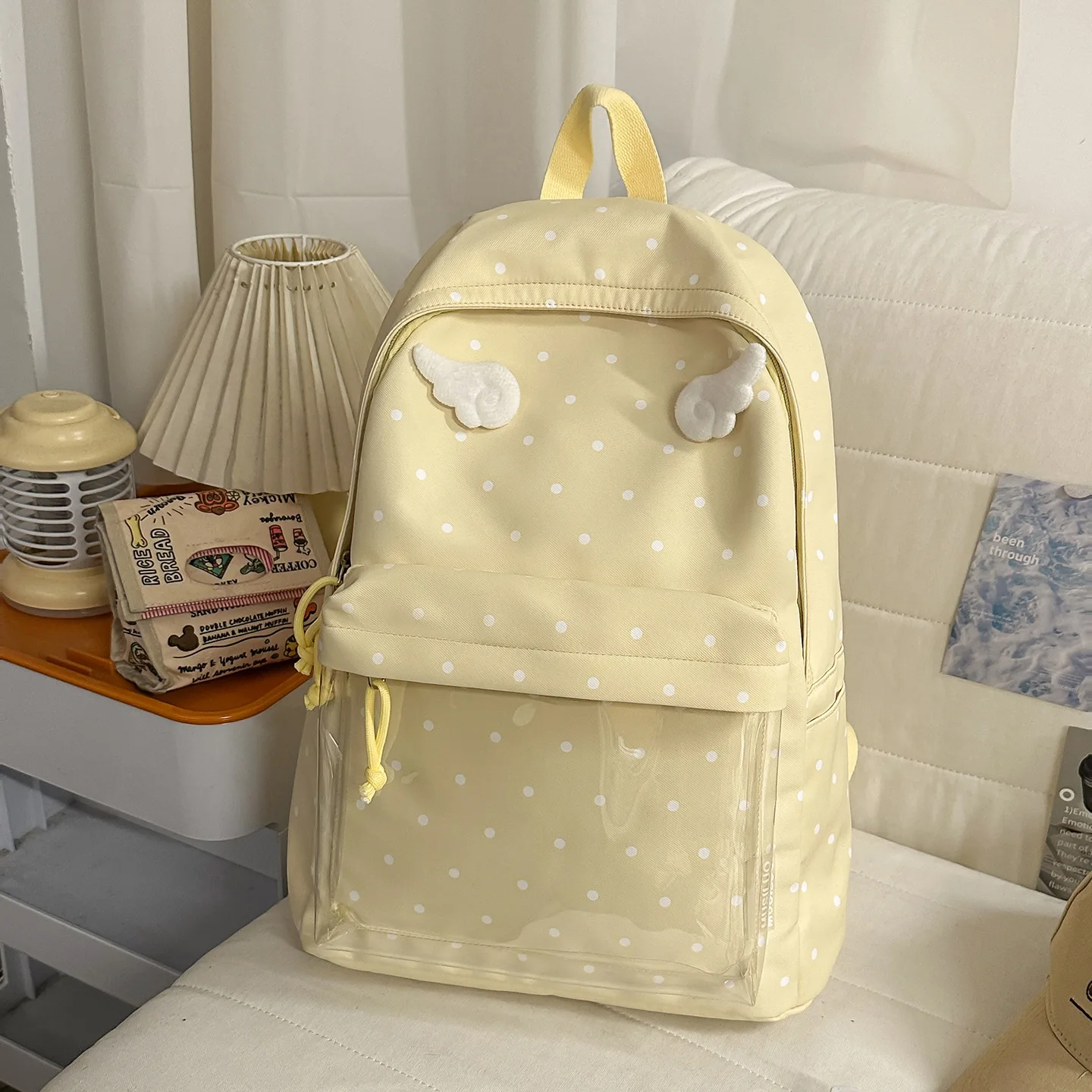 Damen-Rucksack mit Punktemuster und Engelsflügeln, niedliche, lässige Schultasche mit transparenter Tasche, Tagesrucksack mit großem Fassungsvermögen