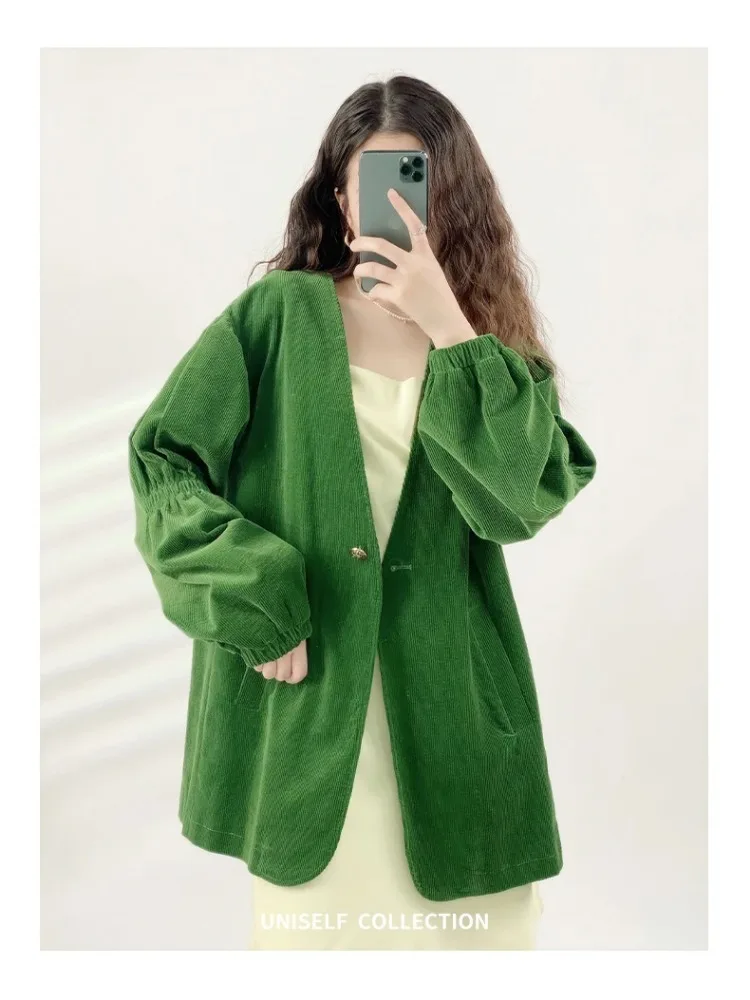 Lnsozkdg 2024 Spring Autumn New Green Retro Corduroy Blazer Jacket for Women Casual Versatile High-Quality Blazer Top Hot Sale