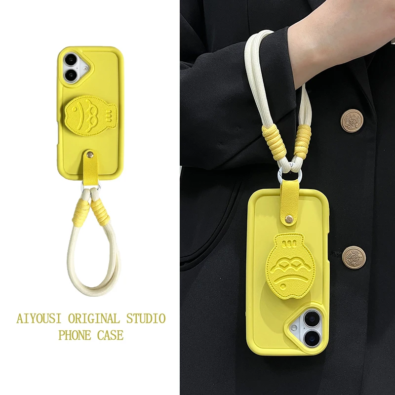 Yellow leather small fish holder for apple 15promax phone case i14/13pro handheld rope 16promax fallproof 11/12pro niche xr - view 2