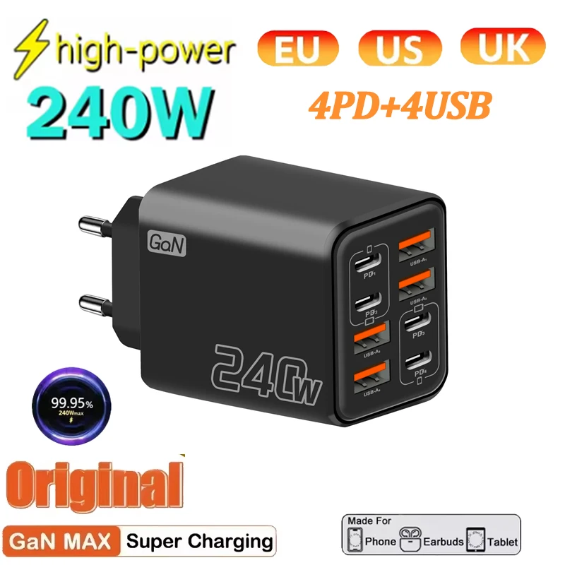 Зарядное устройство для телефона 240W с 8 портами USB PD, сверхбыстрая зарядка, адаптер QC3.0 USB C Type C для iPhone, Samsung, Xiaomi