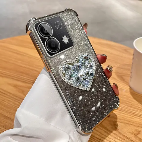 Para xiaomi redmi nota 13 4g 5g pro 12 14c 13c 12c glitter diamante coração suporte quatro cantos anti-choque chapeamento caso note13 capa
